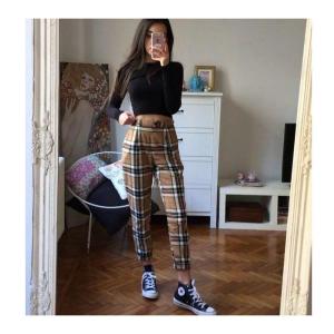 Bej Geniş Ekose Pantolon 34