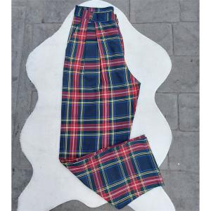 Lacivert Üzeri Kırmızı-Beyaz Çizgili Ekose Pantolon 34