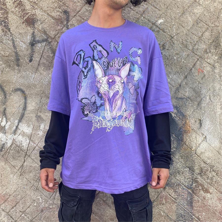 Mystic Cat Diablo Mor Oversize Siyah Kollu T-Shirt